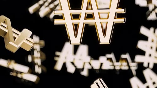 Endlessly Falling Gold Won Symbol on a Black Background