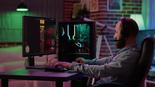 Young Adult Gamer Immersed in First-Person Video Game