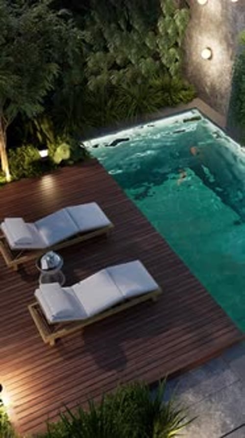 Small pool with two sun loungers surrounded by plants in the evening. 3d render