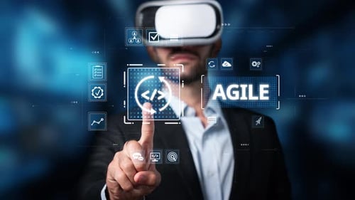 Profesional de negocios que utiliza la tecnología de realidad virtual para mejorar la metodología ágil en la era moderna
