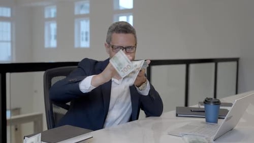 Earn Money Business Man Counting Dollars in Office Office Worker in Suit with Dollars Office