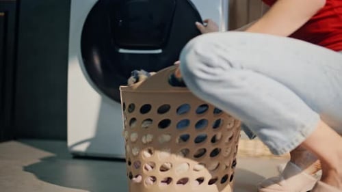 Housewife Feet Entering Laundry Room Closeup Slim Woman Opening Washing Machine