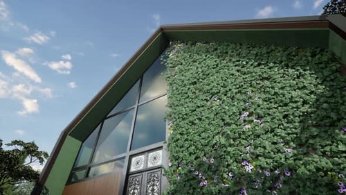 Modern House with Green Wall and Animated Sky