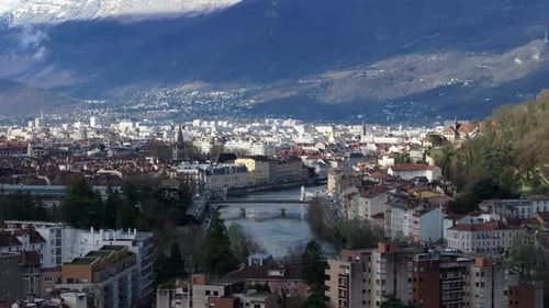 Urban Landscape of Grenoble City Center Featuring the Isere River and Its Bridges and the French