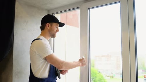 Worker Checks System of a Window Lock The Concept of Protecting a Child From Falling Out of Windows