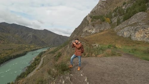 Hiker Tourist Traveler Man Photography Making Photo Mountain River Hiking Travel Landscape Nature