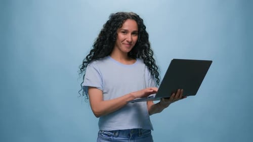 Happy Arabian Girl Indian Woman Female Student User Businesswoman Freelancer Worker with Computer