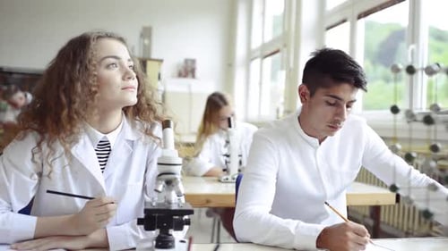 Biology teacher explaining chemical reactions to high school students in laboratory