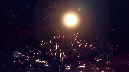 Real Fireworks Explosion on Smoke Foggy Black Motion Background Loop Sky on Fireworks Explosion