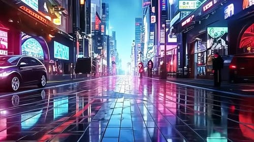 Lebendige Stadtstraße bei Nacht, nasser Bürgersteig, der Neonlichter reflektiert