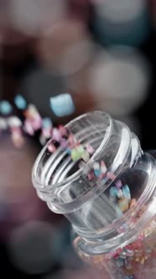 Vertical video. Bright, colorful sugar granules pour down onto you, filling all the space. Colorful