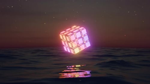 Abstract Glowing Cube Over Ocean Waves in Seamless Loop