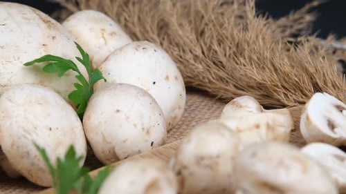 Fresh White Mushrooms Still Life on Wooden Cutting Board