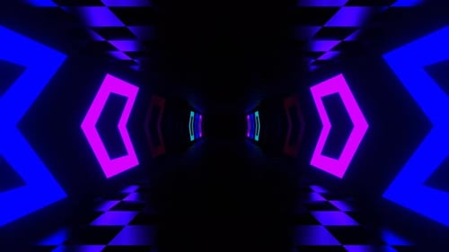 Reverse Tunnel With Multicolor Neon Direction Arrows In 4K