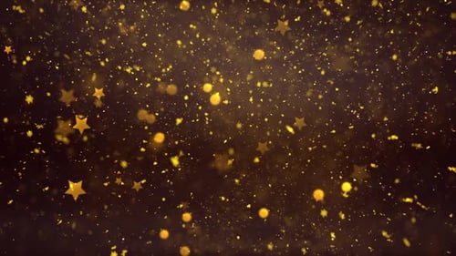 Golden Glitter Particles Falling with Bokeh and Stars Background