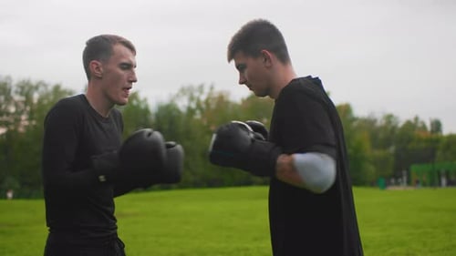 Men Sparring with Boxing Gloves in Park Practice