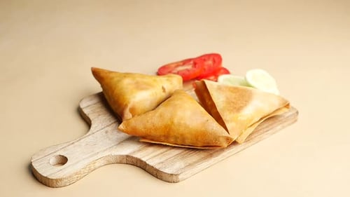 Handpflücken Sie einen Samosa, ein beliebtes indisches Streetfood, Nahaufnahme