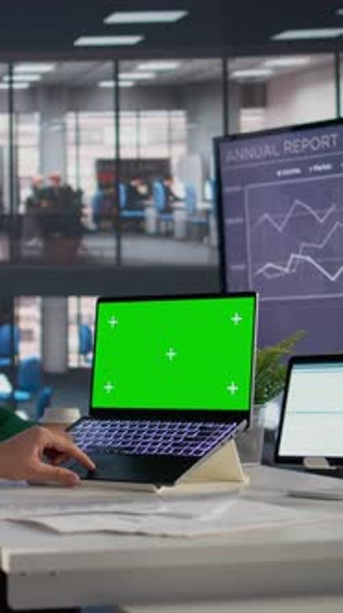 Vertical Video Green Screen Tablet and Laptop Infographics and Reports on Documents