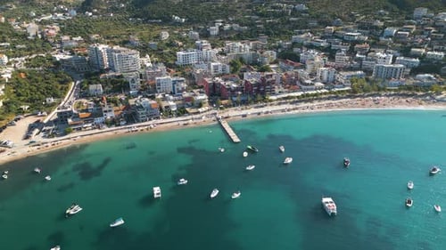 Cinematic Drone Shot Above Himare, Albania. Famous Coastal Town Albanian Riviera