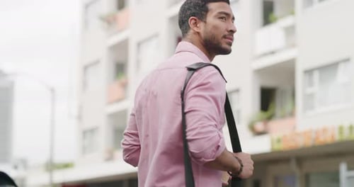 Commuting, employee and man on street, city and travel to work in morning, outdoor or journey