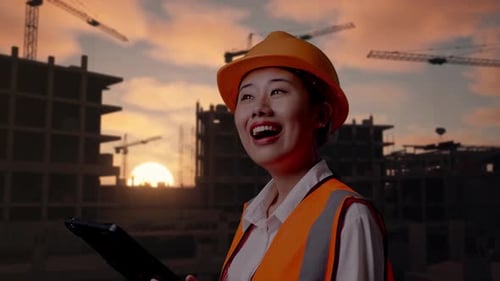 Seitenansicht einer asiatischen Ingenieurin, die auf der Baustelle auf das Tablet in ihrer Hand schaut