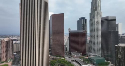 Skyscrapers of Los Angeles Downtown Fly LA By Drone Top Aerial View