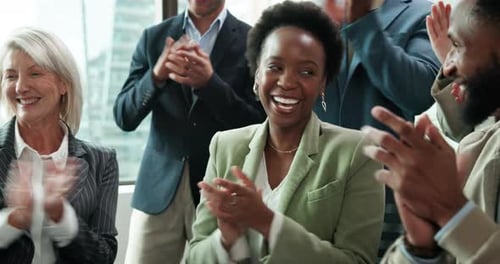 Meeting, applause and business people in conference room for workshop, company presentation