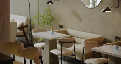 Cafeteria In Modern City In Daytime Interior And Design Contemporary Furniture For Rest And Business