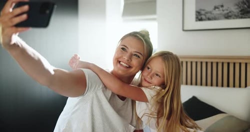 Bedroom, mother and child with hug for selfie, bonding together and loving relationship with memory