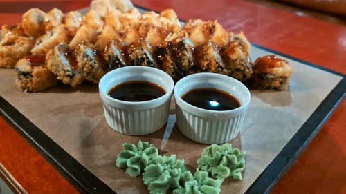 Various type of sushi on plate, chopsticks pick attempt to avoid hungriness, dish ready along soy sa