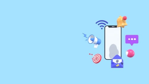 Smartphone animado con íconos de marketing digital y espacio de copia. Concepto de marketing digital.