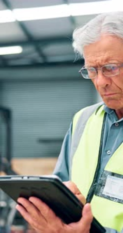 Man, engineer and browsing tablet at warehouse for machine inspection with checklist for safety