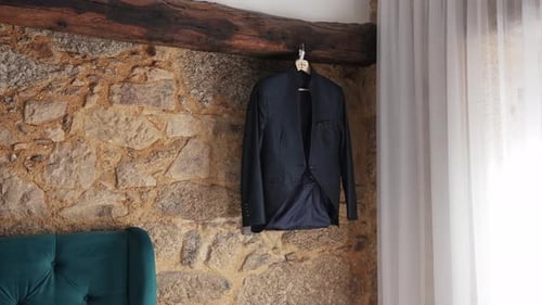 Elegant Suit Hanging in Stone Walled Room