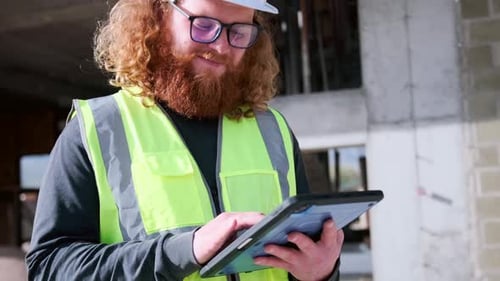 Construction worker with tablet, building planning online