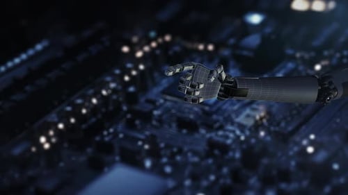 Nahaufnahme einer Roboterhand, die mit einem virtuellen Panel in einem digitalen Raum interagiert