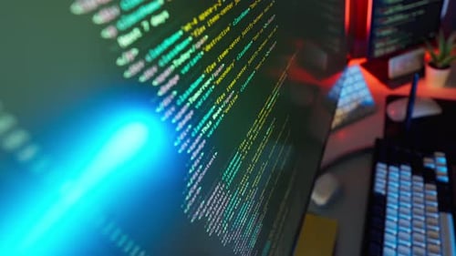 Einrichtung der Computer-PC-Gaming-Codierung im dunklen Raum Uhd