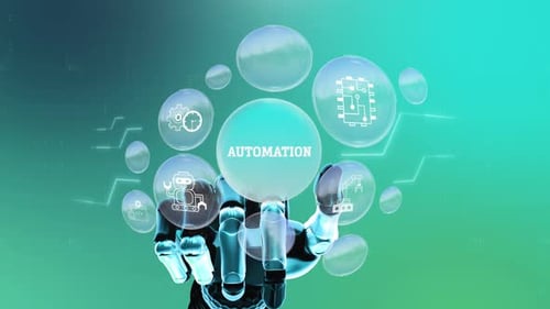 Futuristic Robotic Hand Activates Digital Automation Icons Holographic Interface