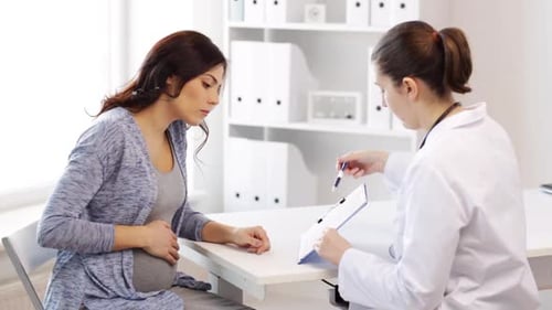Pregnant woman consults with doctor in the office