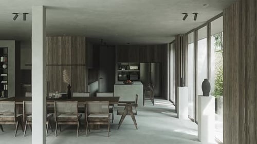 Minimalistic Room with Dining Area with Concretecolored Walls and Wooden Table