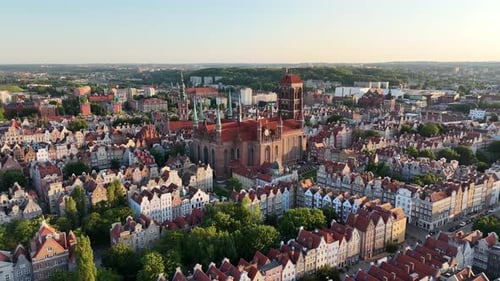 Aerial Drone Video Flying Over the Historic Tourist Center of Gdansk on a Summer Afternoon Poland