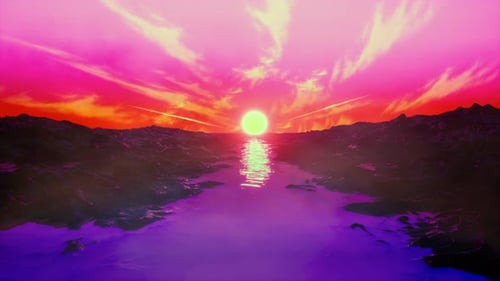 Animation rétro des années 1980 avec rochers, rivière, soleil et rose cyberpunk