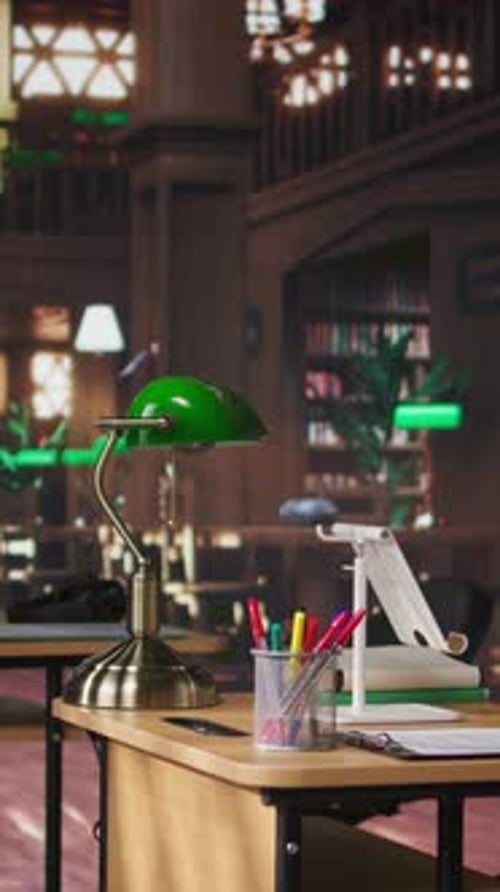 Vertical Video Traditional Library with Grand Interiors Featuring Bookshelves and Study Areas