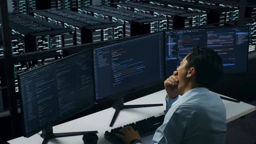 Tired Asian Man Developer Yawning Before Sleeping While Write Code In Data Center