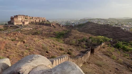 ancient historical fort with blue city view and dramatic sunset sky video is taken at mehrangarh for