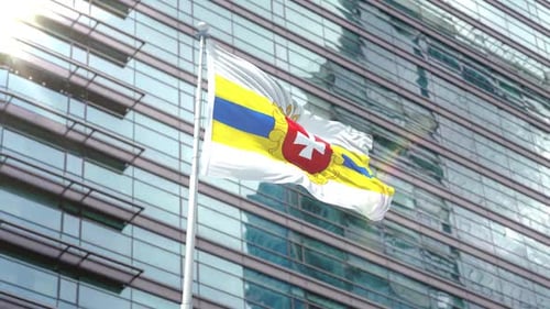 Realistic Waving Corporate Flag Animation Against Modern Building