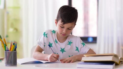 Boy writes in notebook at desk in bright room