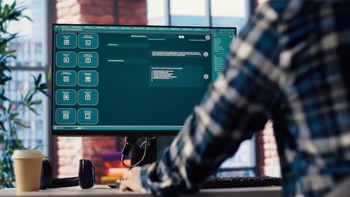 Mann zu Hause stellt Fragen an den virtuellen Assistenten von AI LLM Chatbot