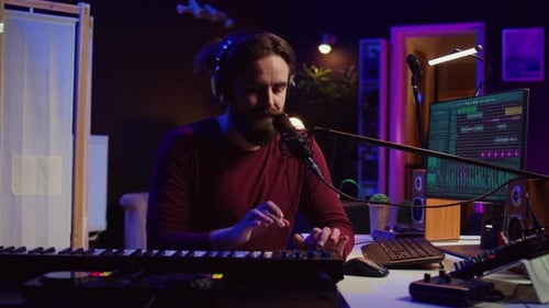 Man Recording Music on Keyboard in Studio
