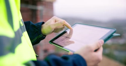 Worker, hands and scroll on construction site with tablet screen, quantity surveyor