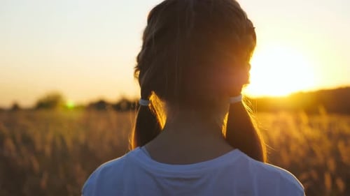 Rear View of Cute Female Child Stands at Grass Meadow Looking at Beautiful Evening Sunset